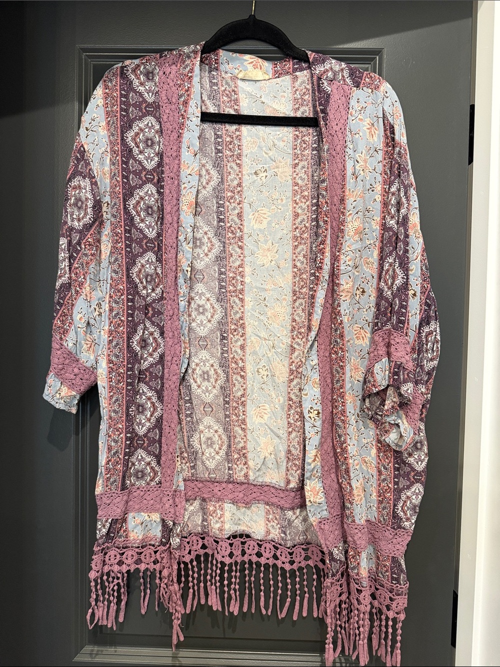 Altar’d State Boho Lace-Trim Open Front Kimono - Dusty Rose & Light Blue